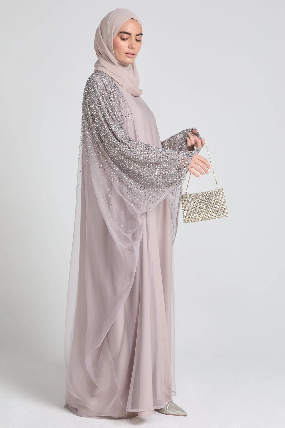 Luxury Three Piece Celestial Stardust Open Abaya Set - Powdered Rose
