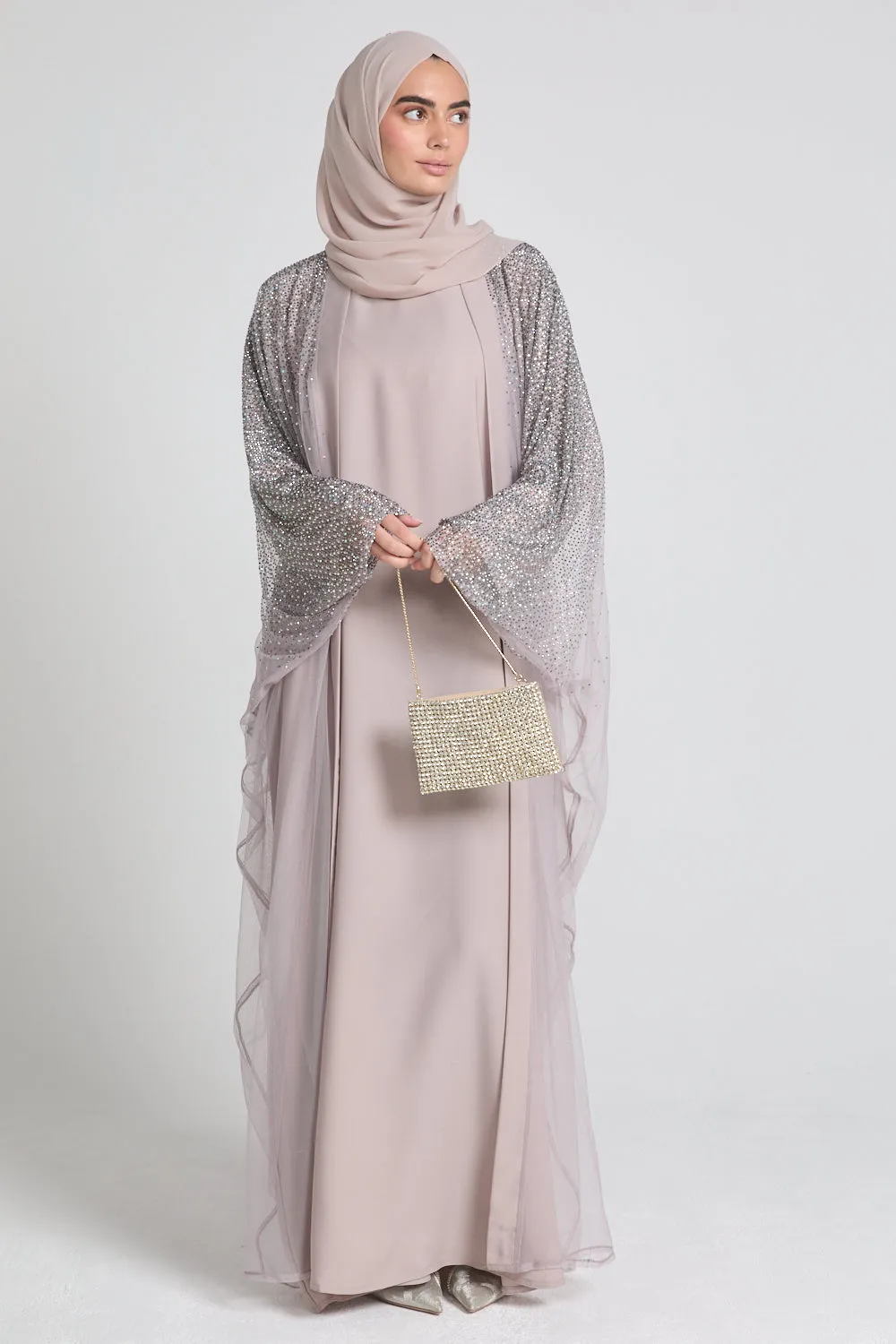 Luxury Three Piece Celestial Stardust Open Abaya Set - Powdered Rose