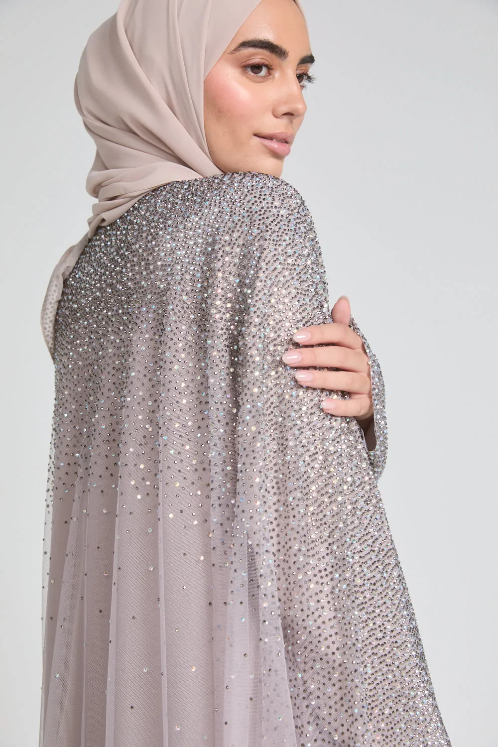 Luxury Three Piece Celestial Stardust Open Abaya Set - Powdered Rose