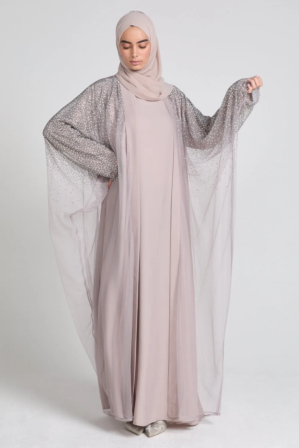 Luxury Three Piece Celestial Stardust Open Abaya Set - Powdered Rose