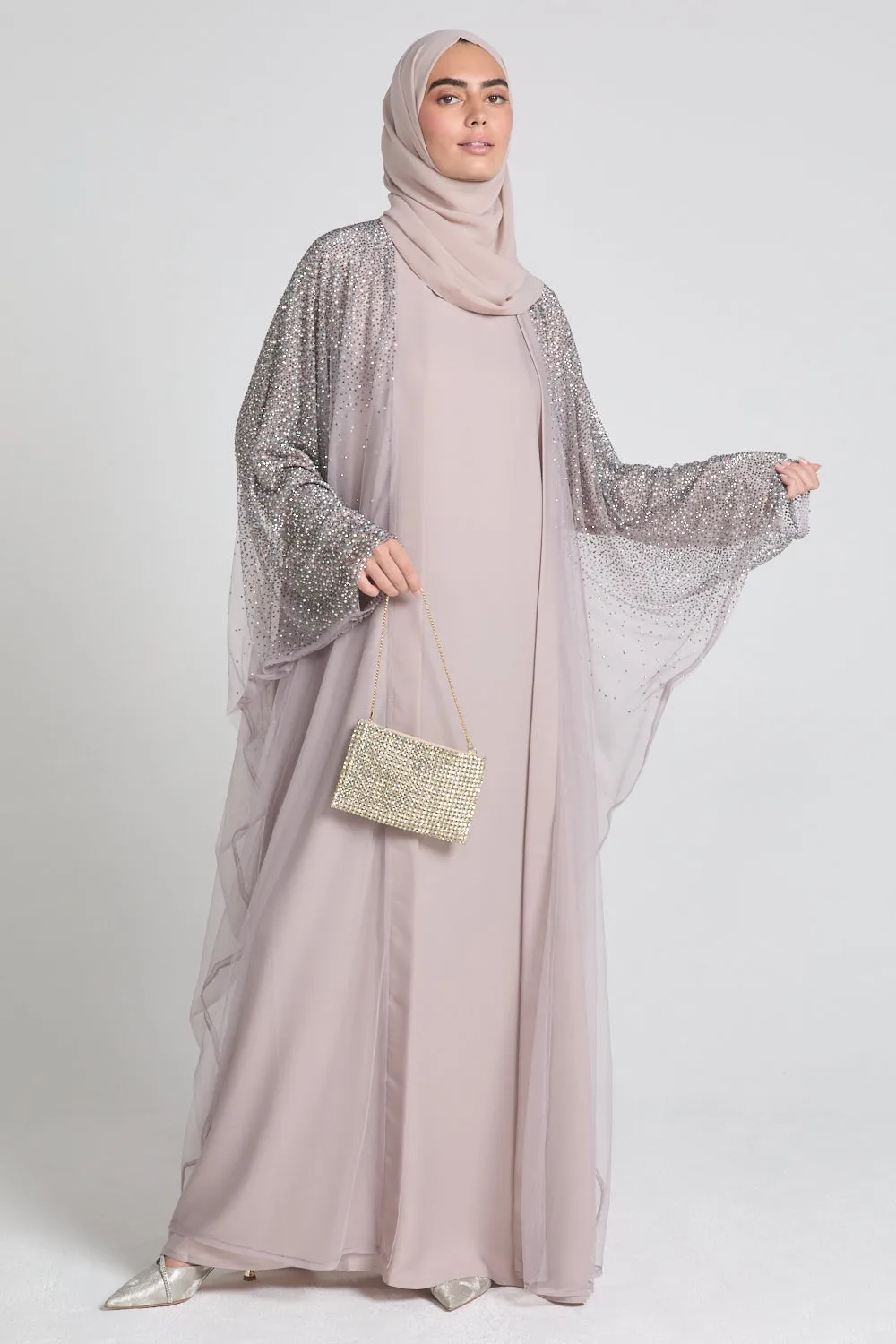 Luxury Three Piece Celestial Stardust Open Abaya Set - Powdered Rose