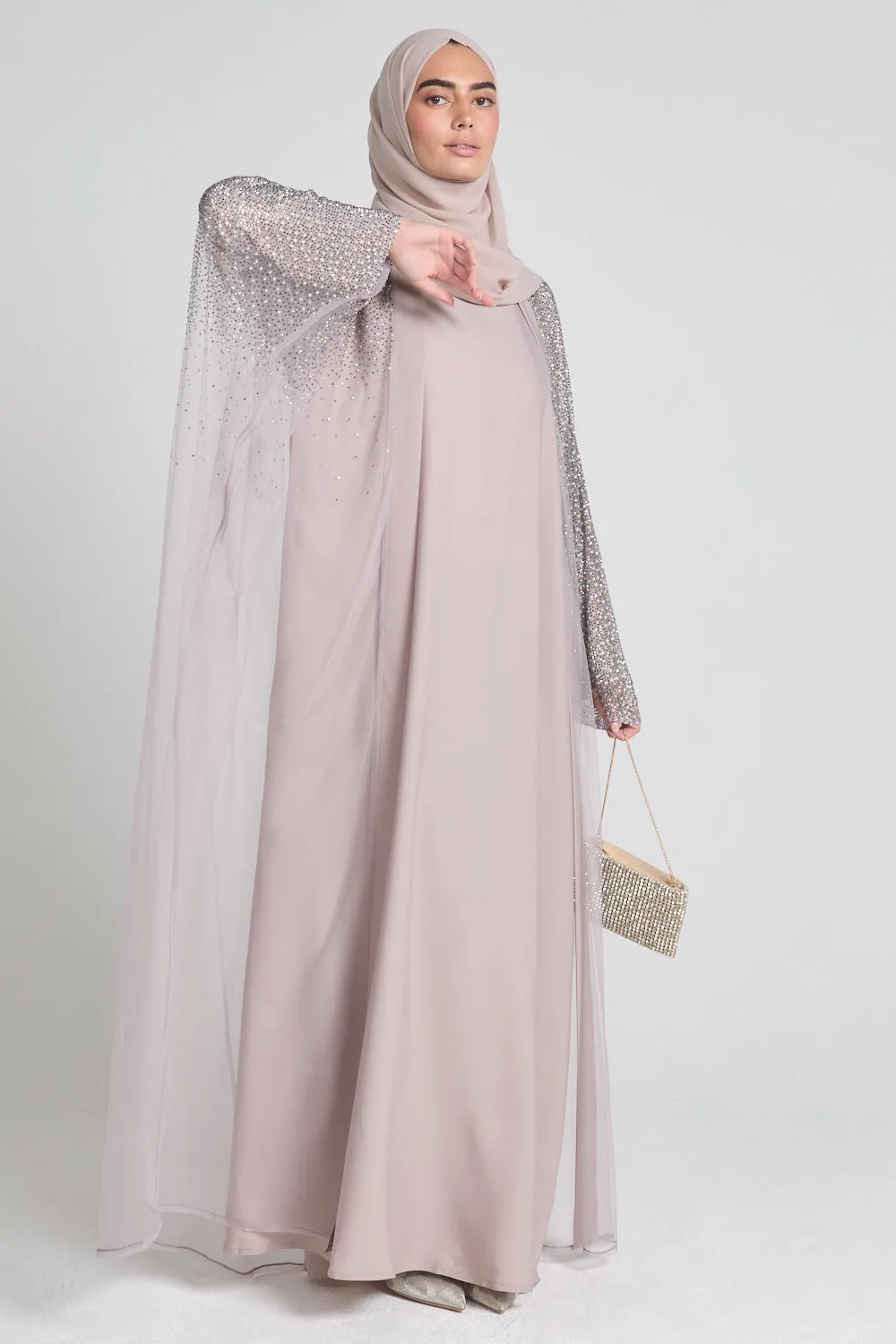 Luxury Three Piece Celestial Stardust Open Abaya Set - Powdered Rose
