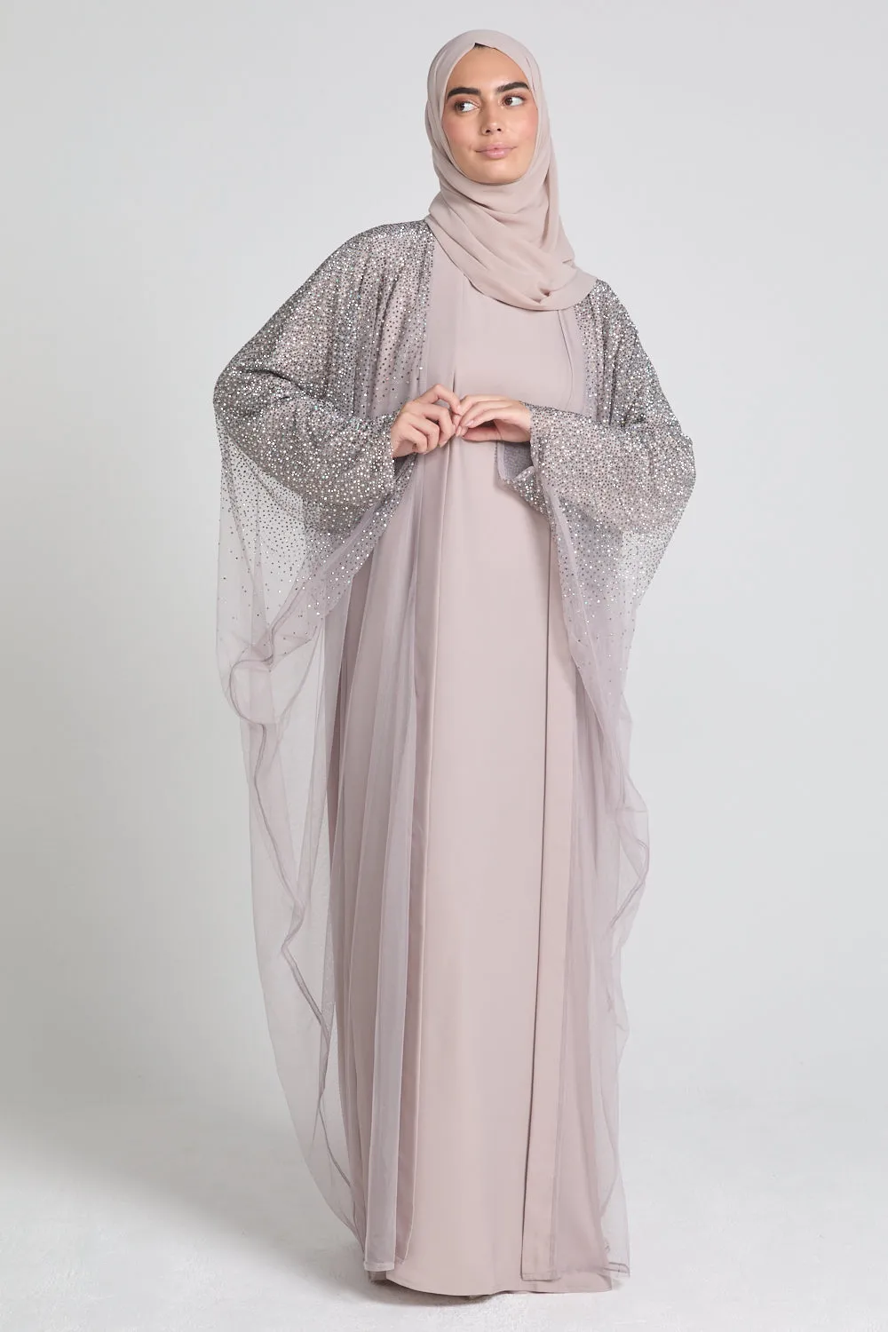 Luxury Three Piece Celestial Stardust Open Abaya Set - Powdered Rose