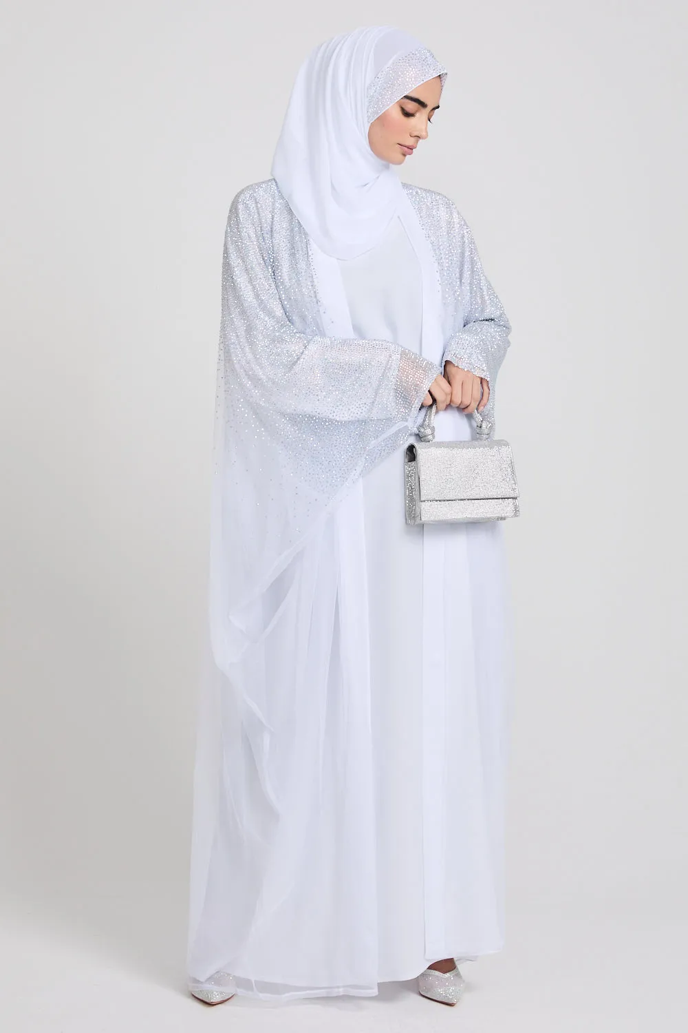 Luxury Three Piece Celestial Stardust Open Abaya Set - White