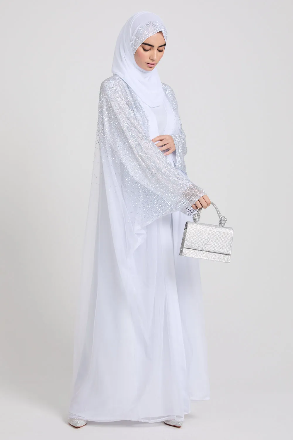 Luxury Three Piece Celestial Stardust Open Abaya Set - White
