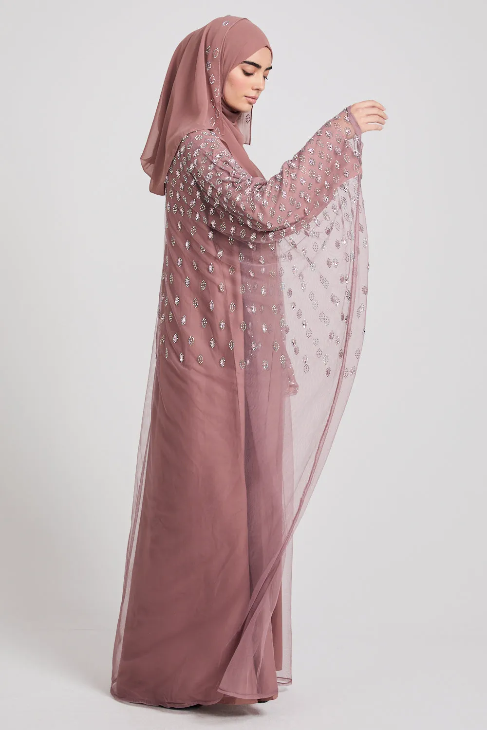 Luxury Three Piece Eternal Starlight Open Abaya Set - Cosmic Rose