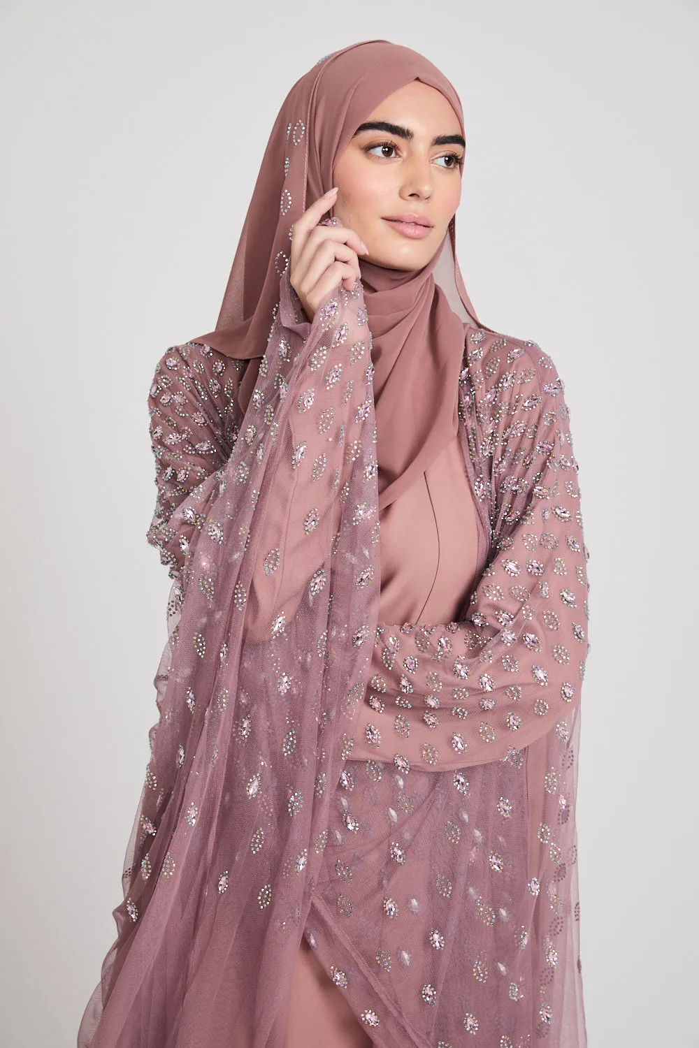 Luxury Three Piece Eternal Starlight Open Abaya Set - Cosmic Rose