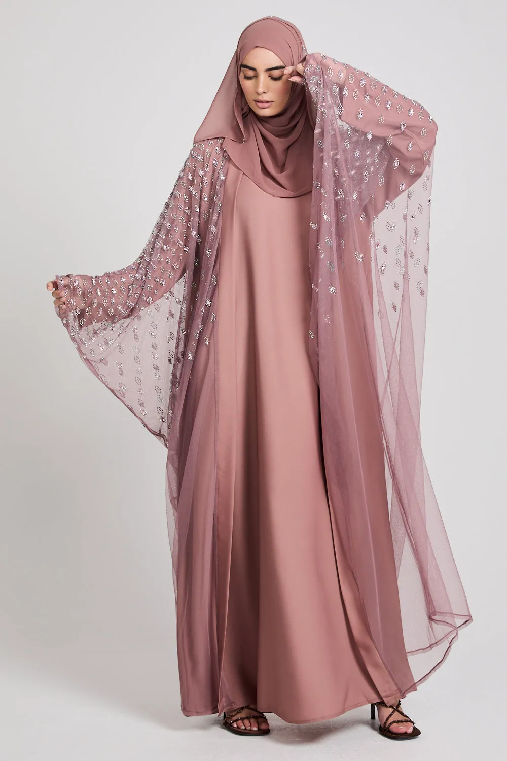 Luxury Three Piece Eternal Starlight Open Abaya Set - Cosmic Rose