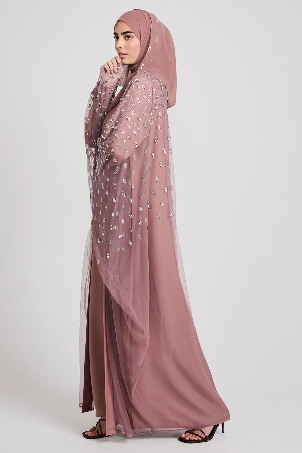 Luxury Three Piece Eternal Starlight Open Abaya Set - Cosmic Rose