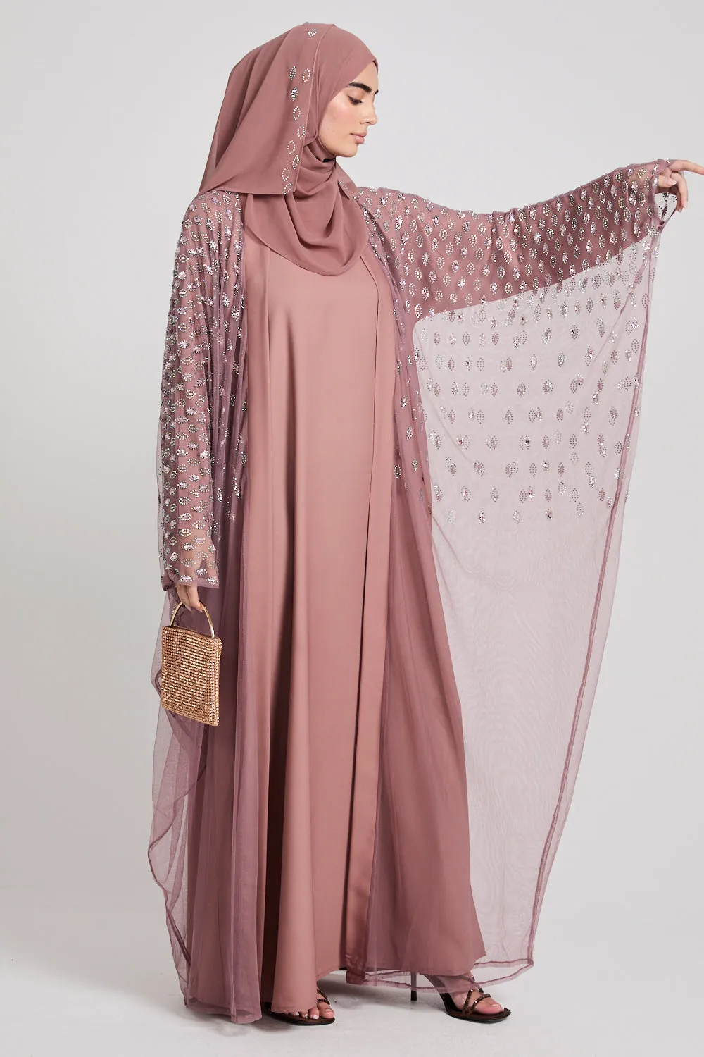 Luxury Three Piece Eternal Starlight Open Abaya Set - Cosmic Rose