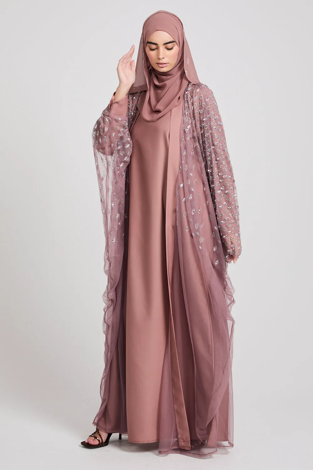 Luxury Three Piece Eternal Starlight Open Abaya Set - Cosmic Rose