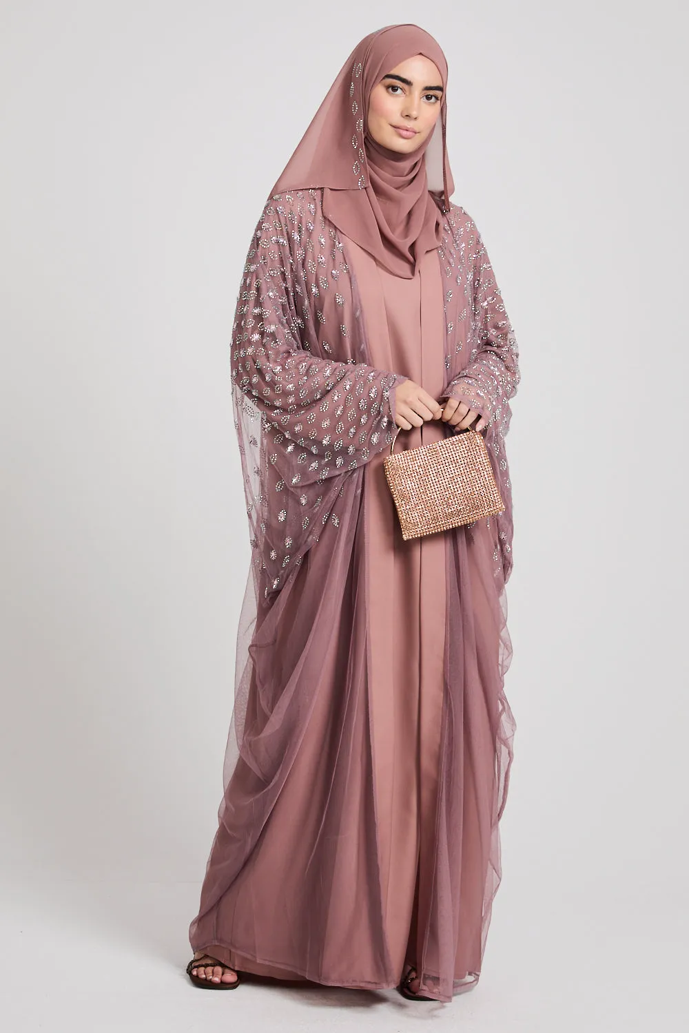 Luxury Three Piece Eternal Starlight Open Abaya Set - Cosmic Rose