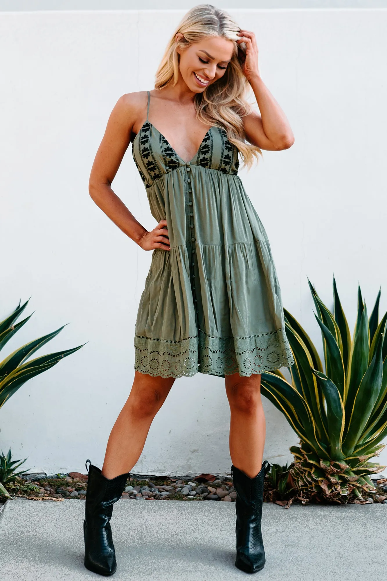 Maia Embroidered Babydoll Dress (Olive)