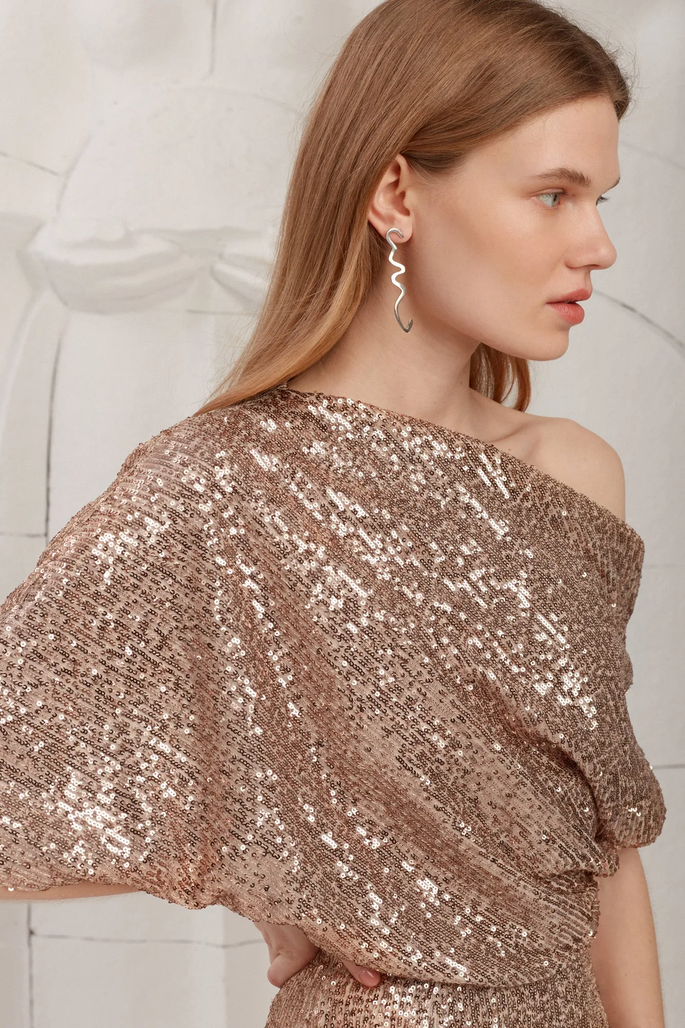 MARGO nude sequin asymmetric evening dress