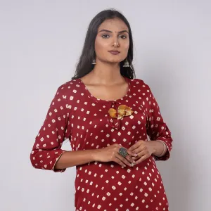 Maroon - Bandhani Tie-dye Modal Silk Long Straight Kurta