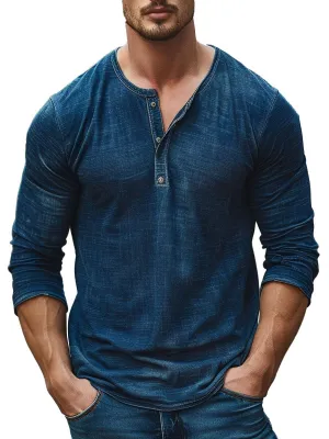 Men's Retro Denim Blue All-match Casual Henley Collar Long Sleeve T-shirt