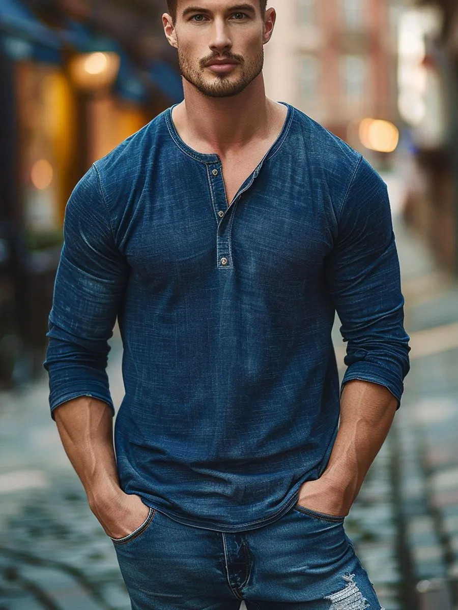 Men's Retro Denim Blue All-match Casual Henley Collar Long Sleeve T-shirt