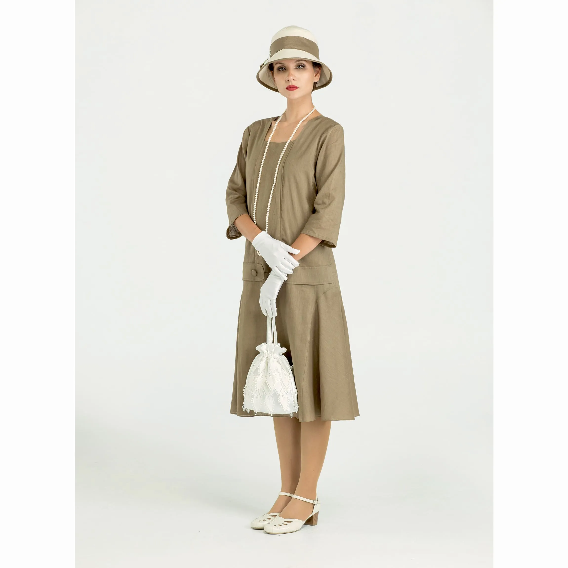 Olive green linen Great Gatsby dress with square neck and 3/4 sleeves