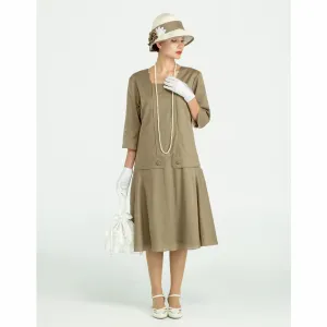 Olive green linen Great Gatsby dress with square neck and 3/4 sleeves