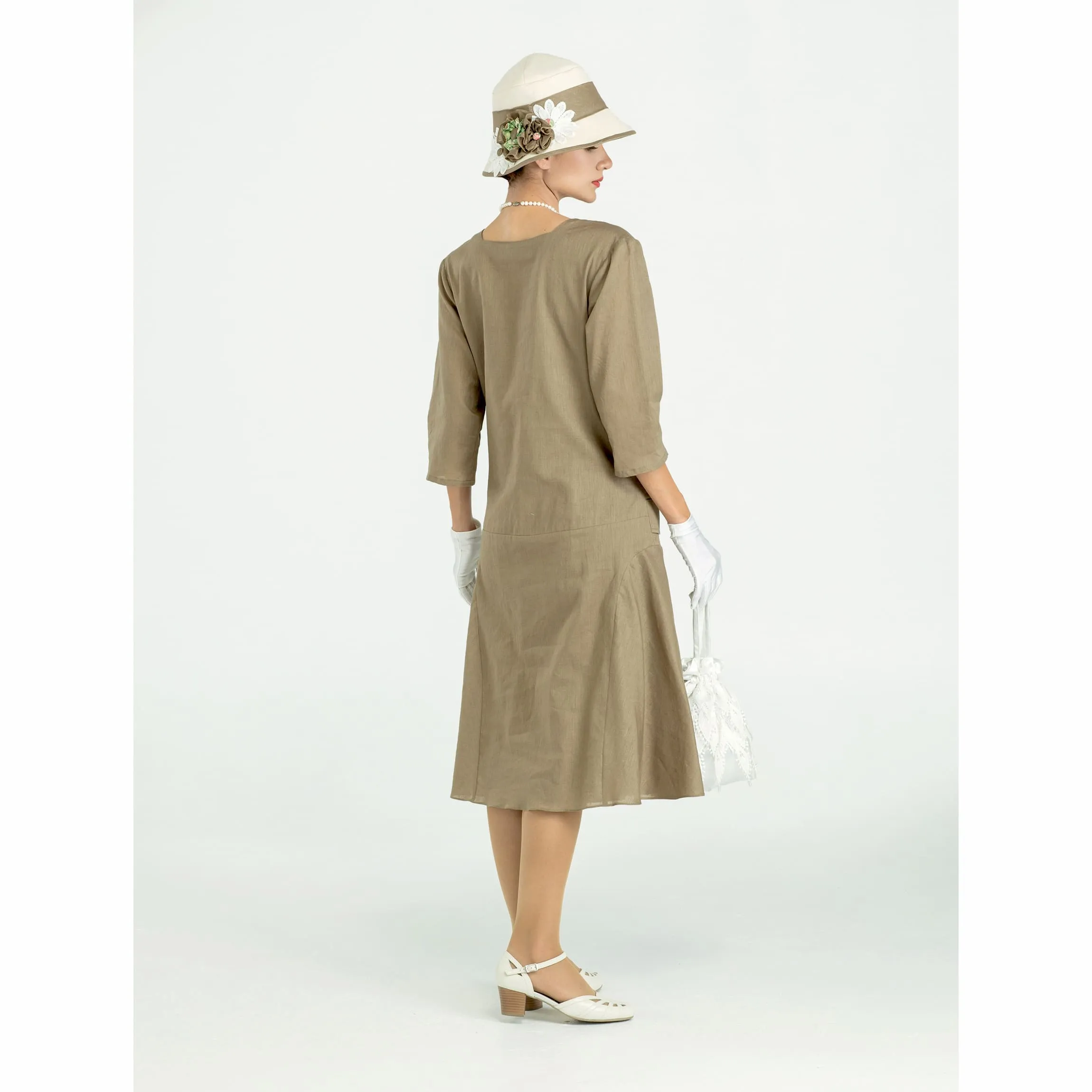 Olive green linen Great Gatsby dress with square neck and 3/4 sleeves