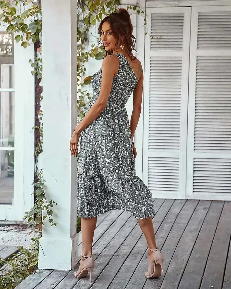 One Shoulder Floral Midi Dress