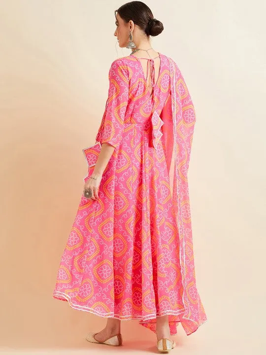 Pink Bandhani Printed V-Neck Anarkali Ethnic Maxi Dress With Dupatta