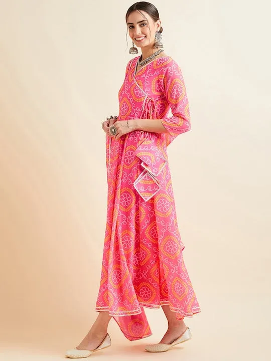 Pink Bandhani Printed V-Neck Anarkali Ethnic Maxi Dress With Dupatta