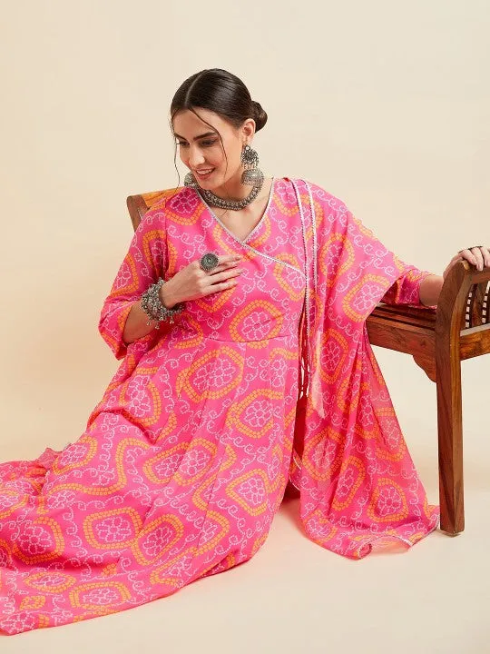 Pink Bandhani Printed V-Neck Anarkali Ethnic Maxi Dress With Dupatta