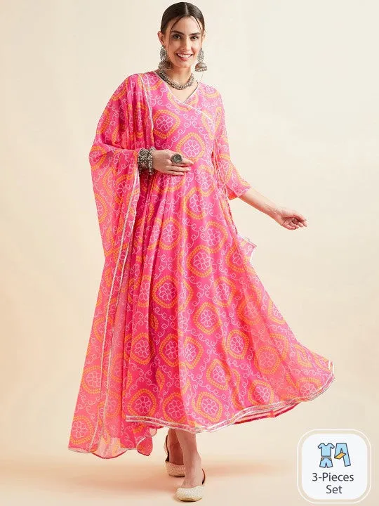 Pink Bandhani Printed V-Neck Anarkali Ethnic Maxi Dress With Dupatta