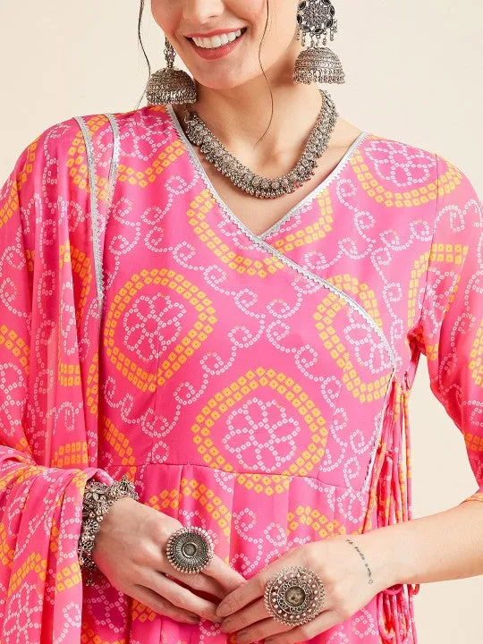 Pink Bandhani Printed V-Neck Anarkali Ethnic Maxi Dress With Dupatta