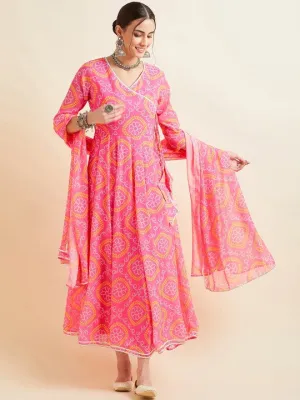 Pink Bandhani Printed V-Neck Anarkali Ethnic Maxi Dress With Dupatta