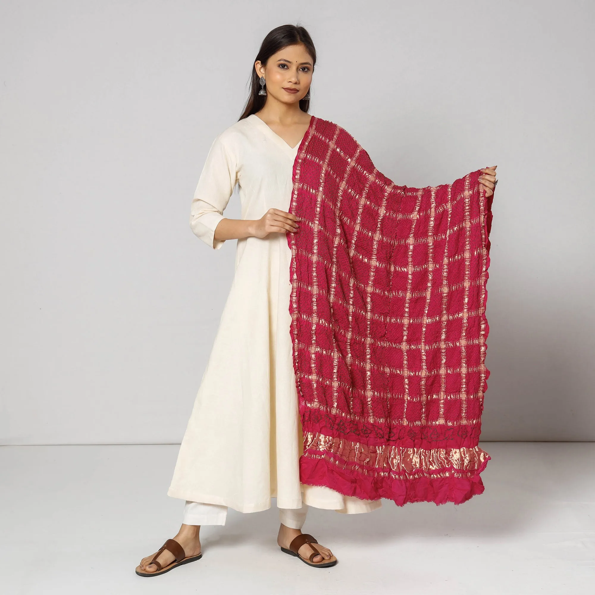 Pink - Kutch Bandhani Tie-Dye Zari Checks Modal Silk Dupatta