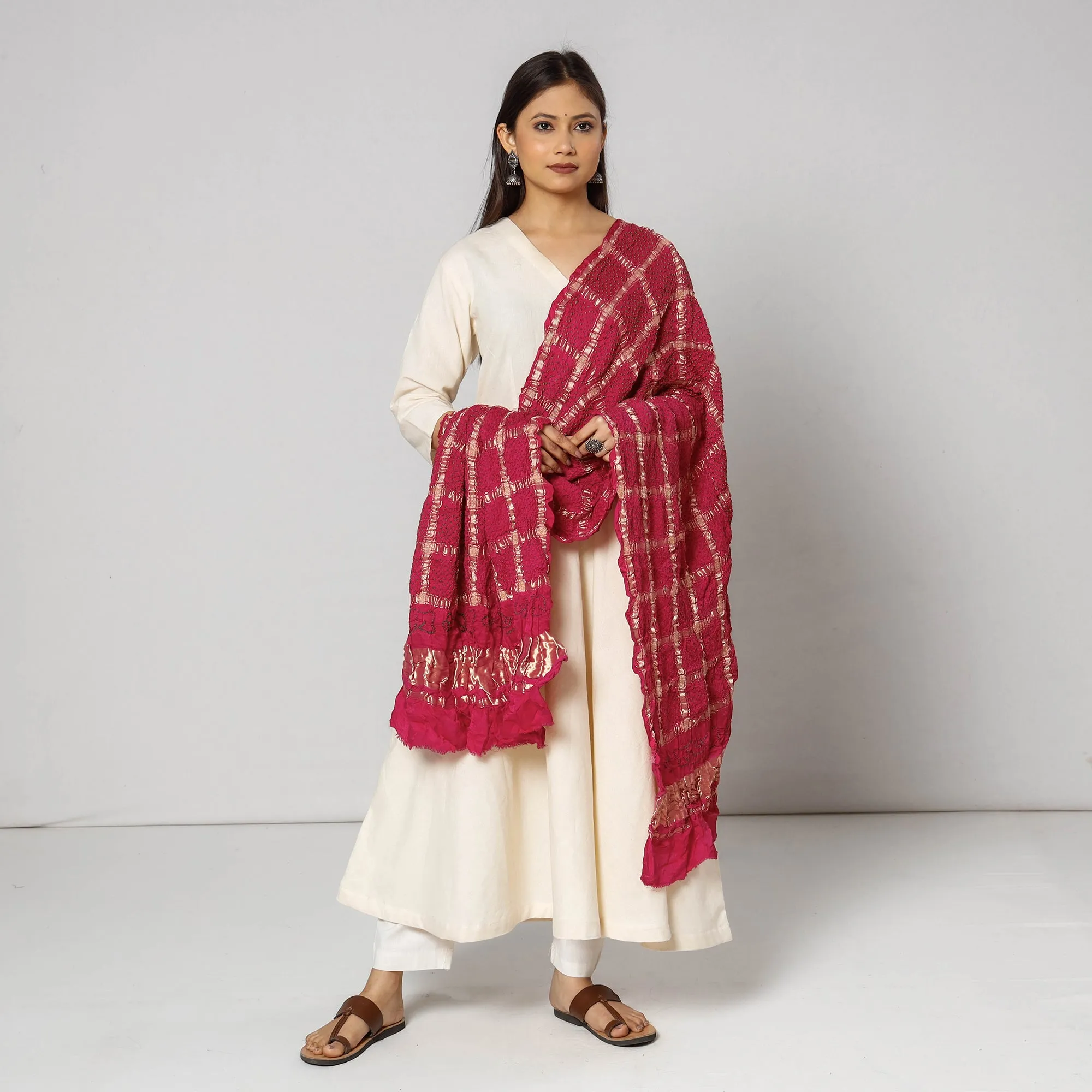 Pink - Kutch Bandhani Tie-Dye Zari Checks Modal Silk Dupatta