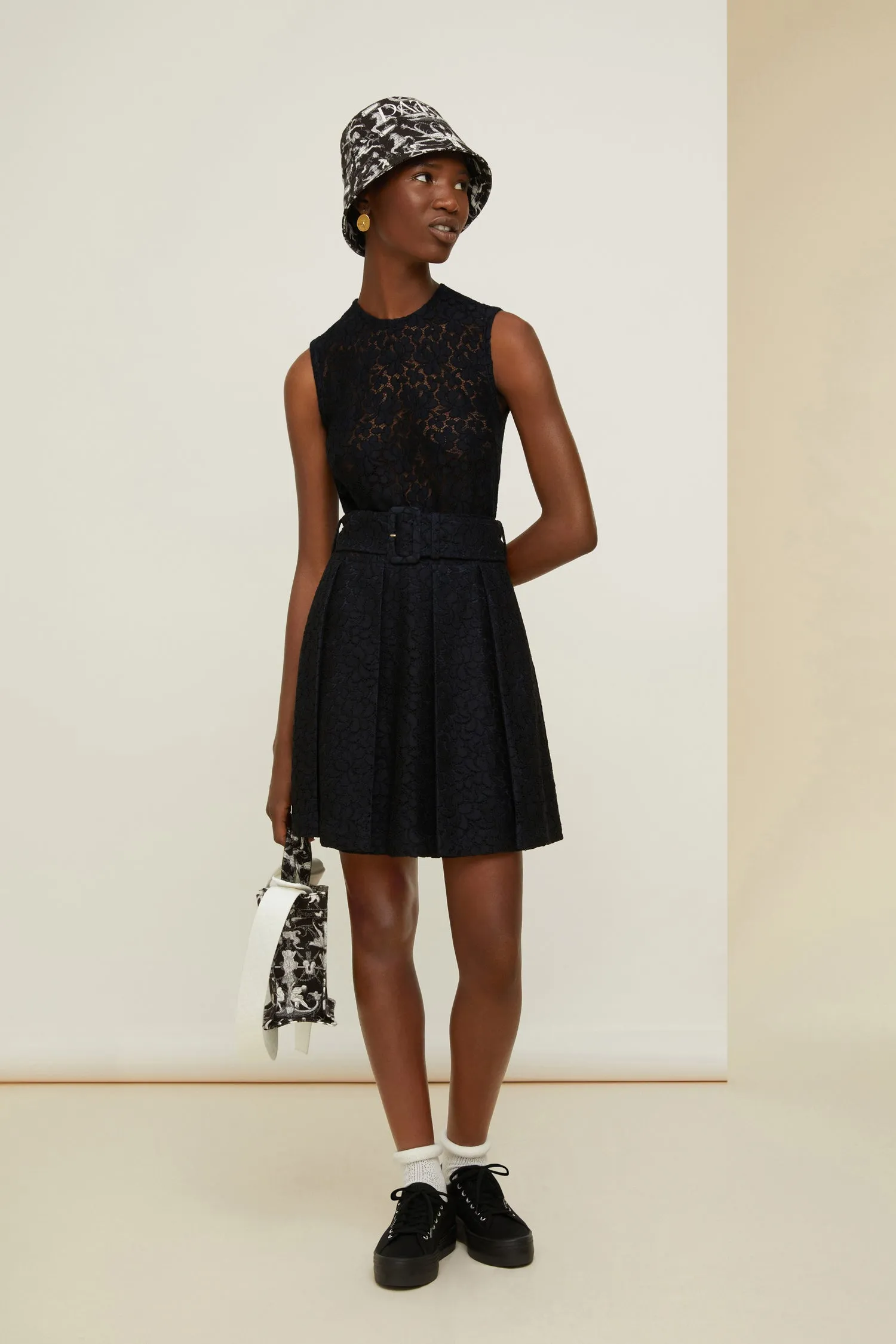 Pleated mini dress in eco lace