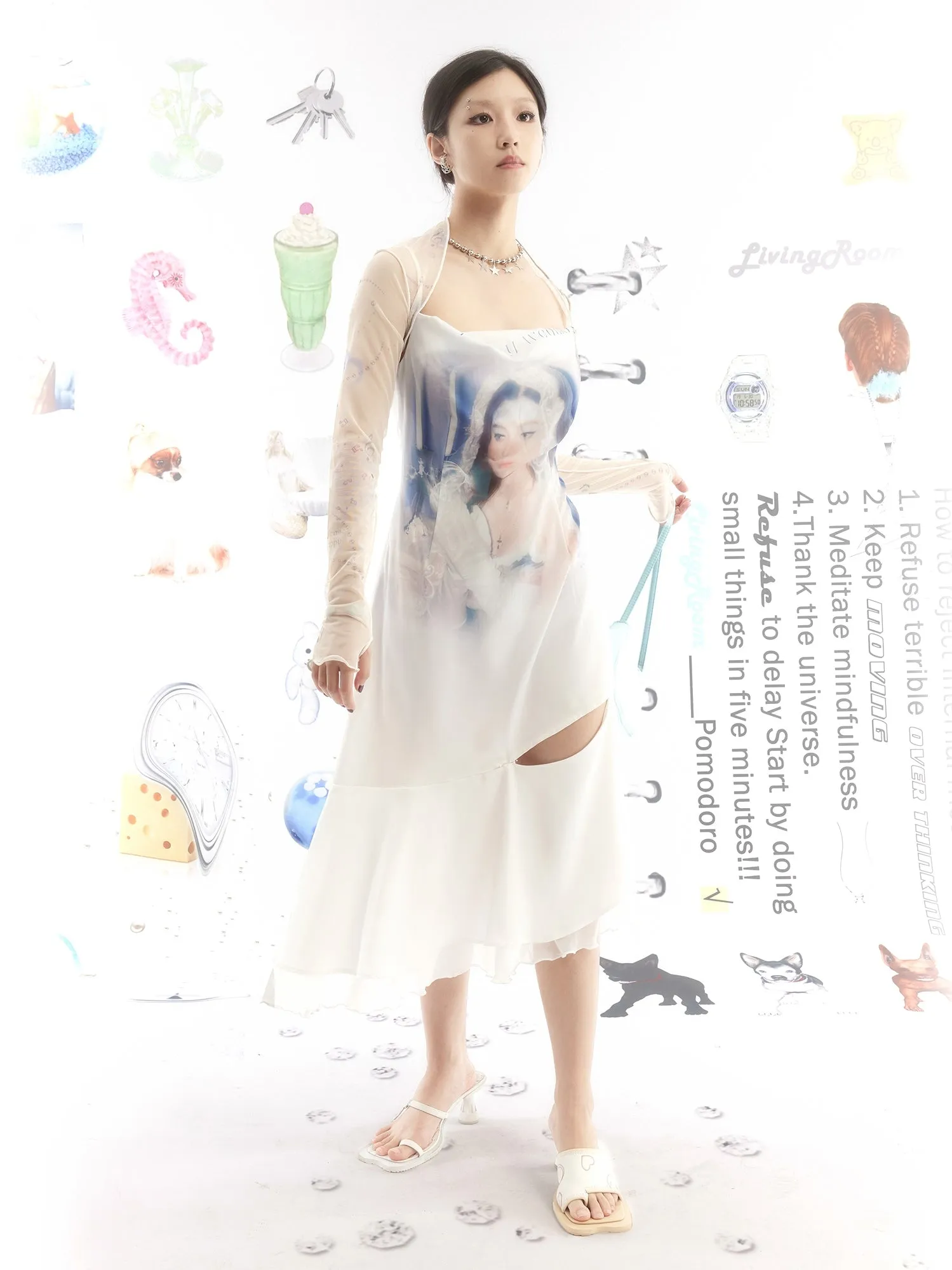 Portrait Print Asymmetric Hem Slip Dress