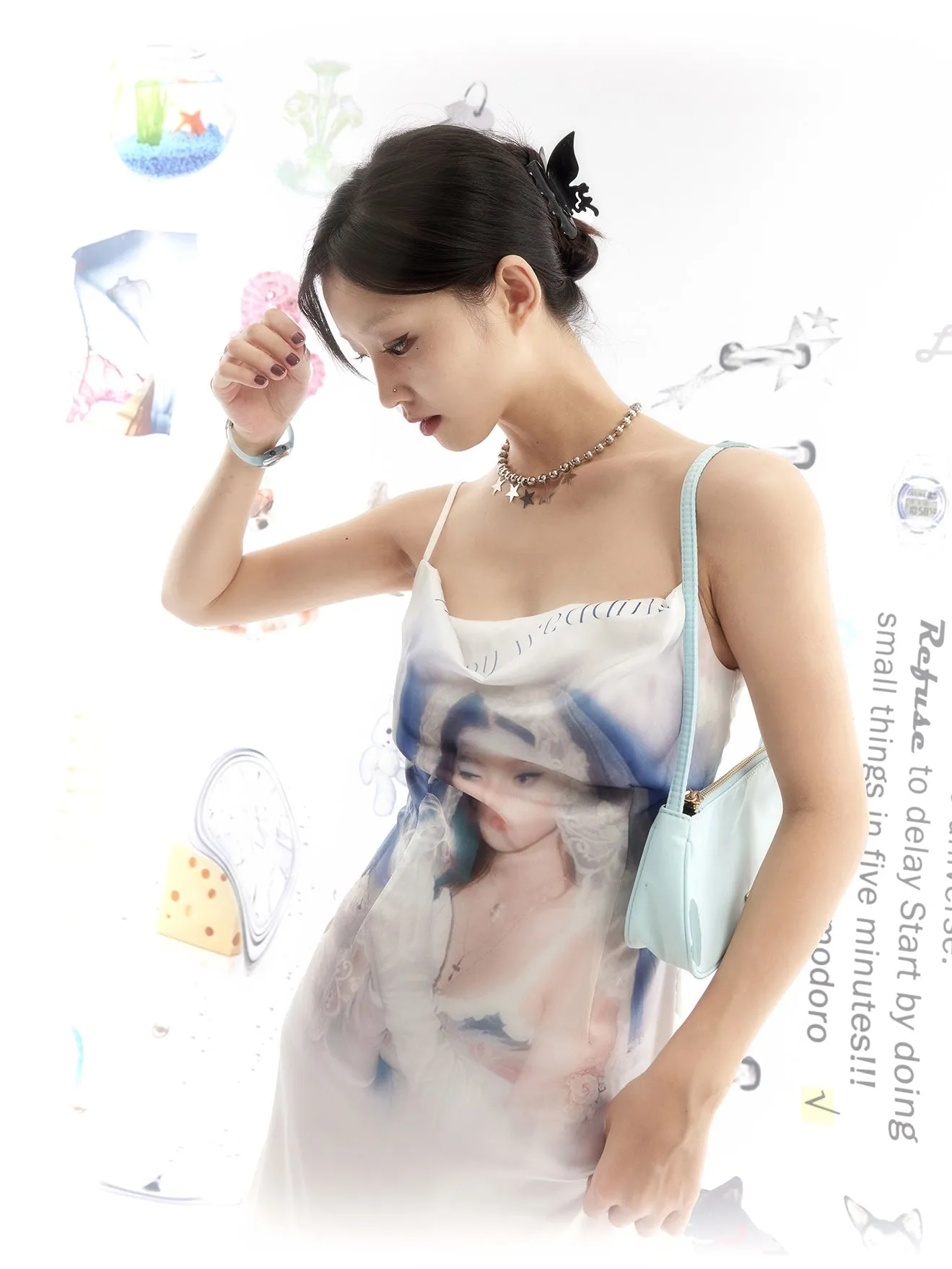 Portrait Print Asymmetric Hem Slip Dress