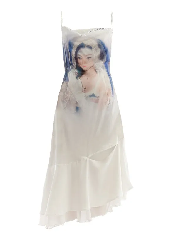 Portrait Print Asymmetric Hem Slip Dress