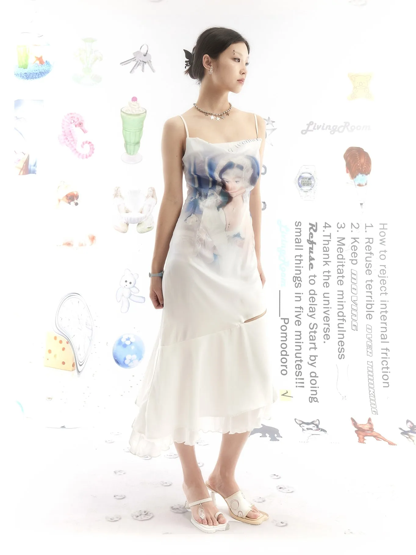 Portrait Print Asymmetric Hem Slip Dress