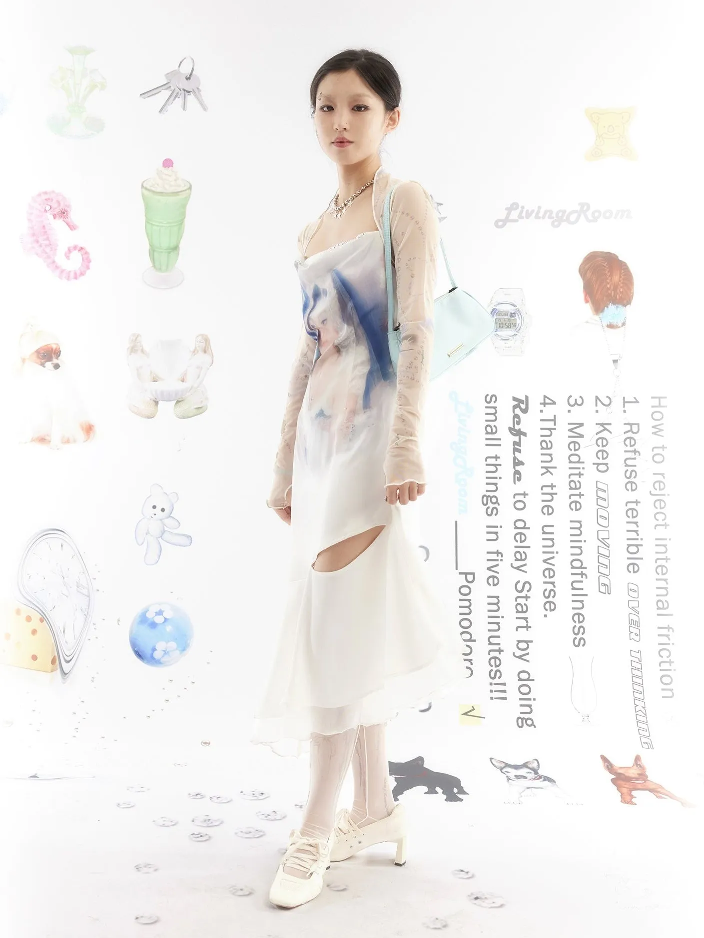 Portrait Print Asymmetric Hem Slip Dress
