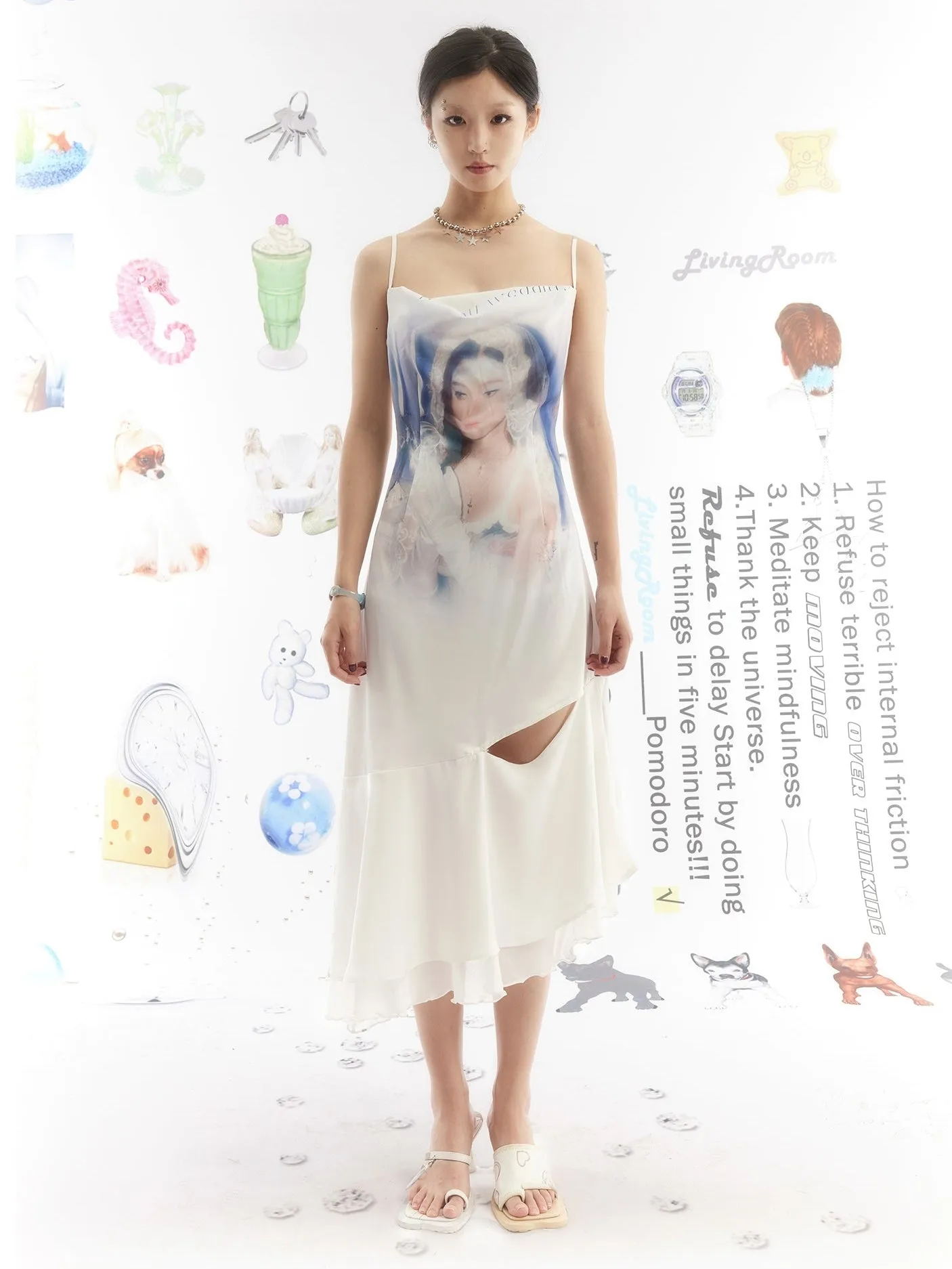 Portrait Print Asymmetric Hem Slip Dress