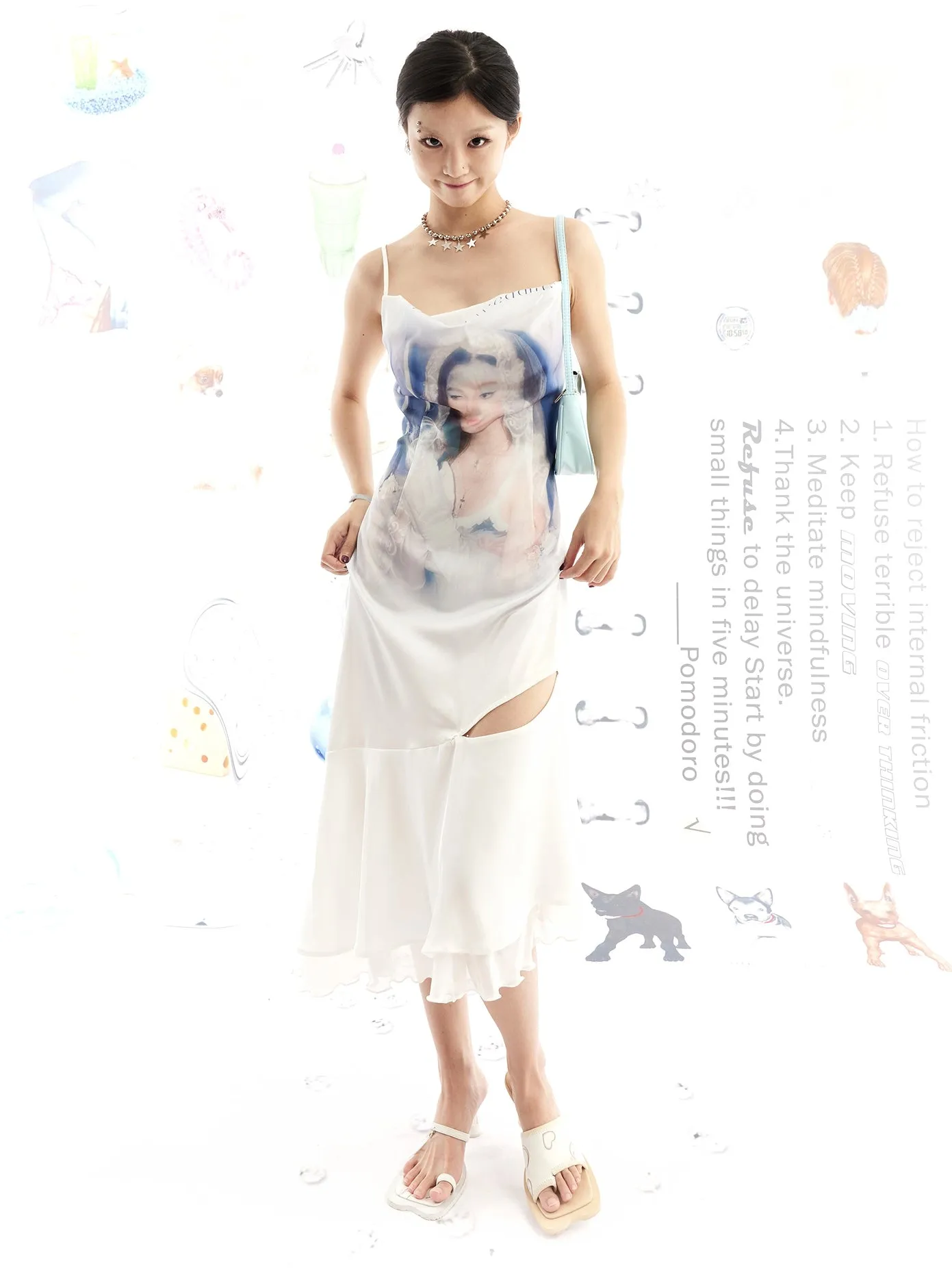 Portrait Print Asymmetric Hem Slip Dress