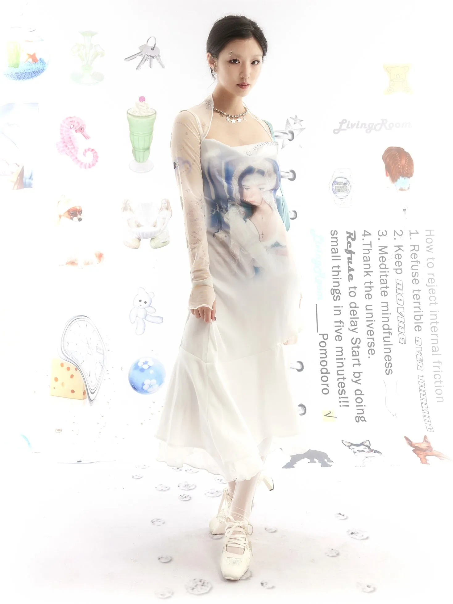 Portrait Print Asymmetric Hem Slip Dress