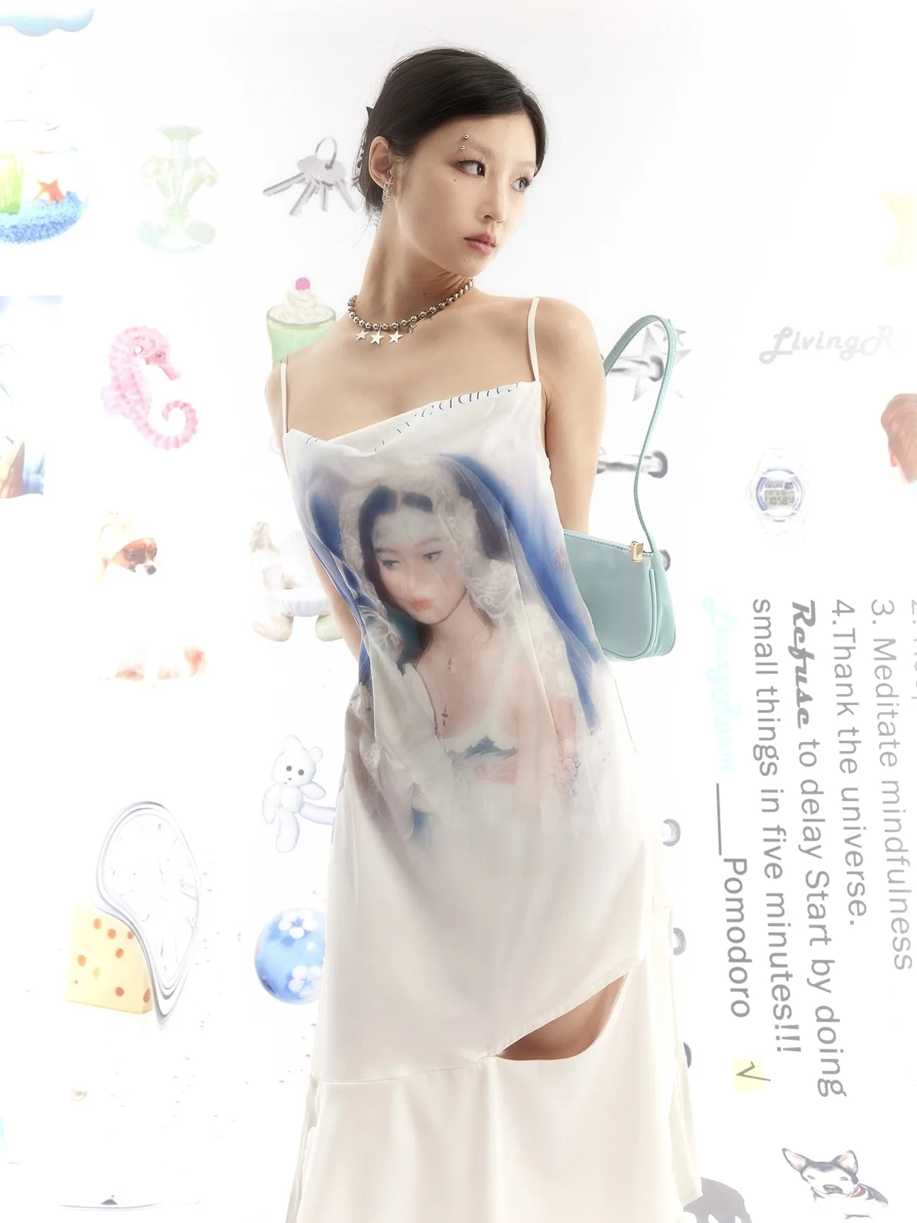 Portrait Print Asymmetric Hem Slip Dress
