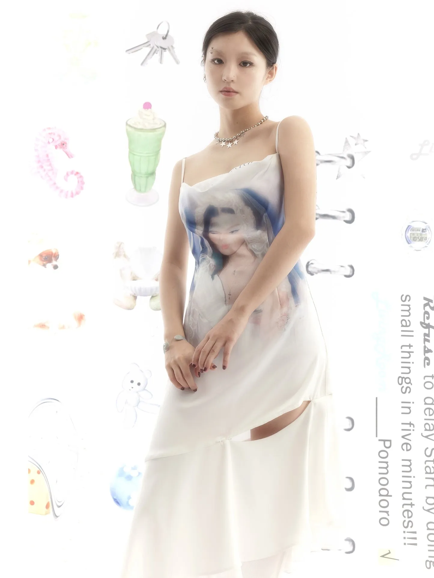 Portrait Print Asymmetric Hem Slip Dress
