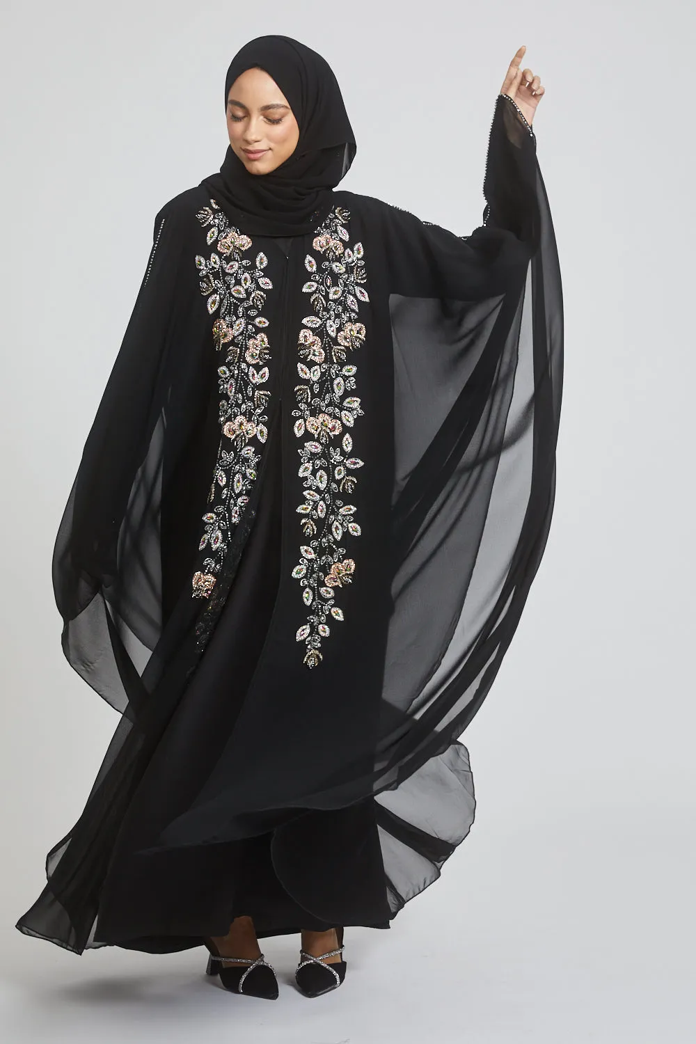 Premium Black Embellished Chiffon Open Farasha with Hood - Biloba