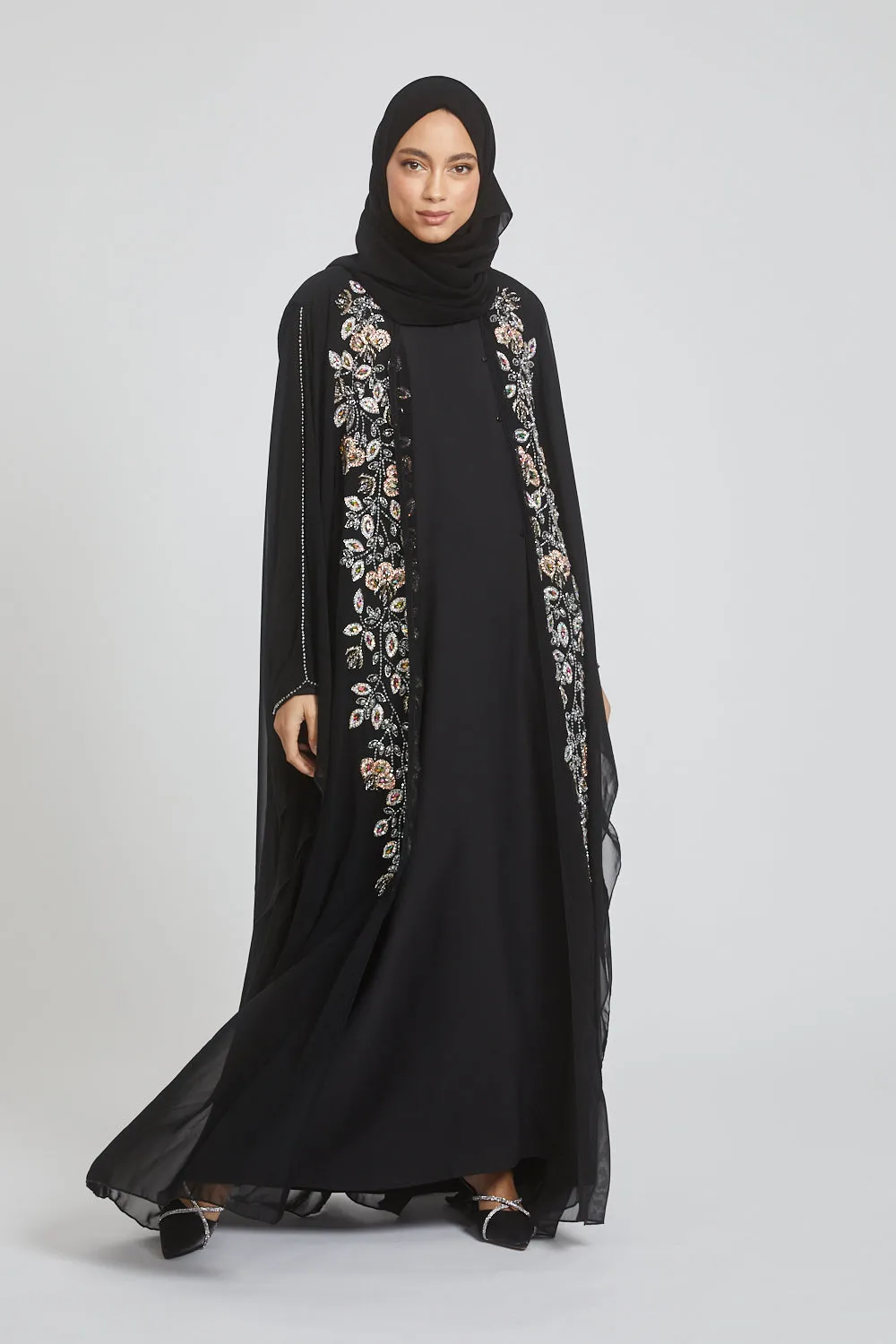 Premium Black Embellished Chiffon Open Farasha with Hood - Biloba