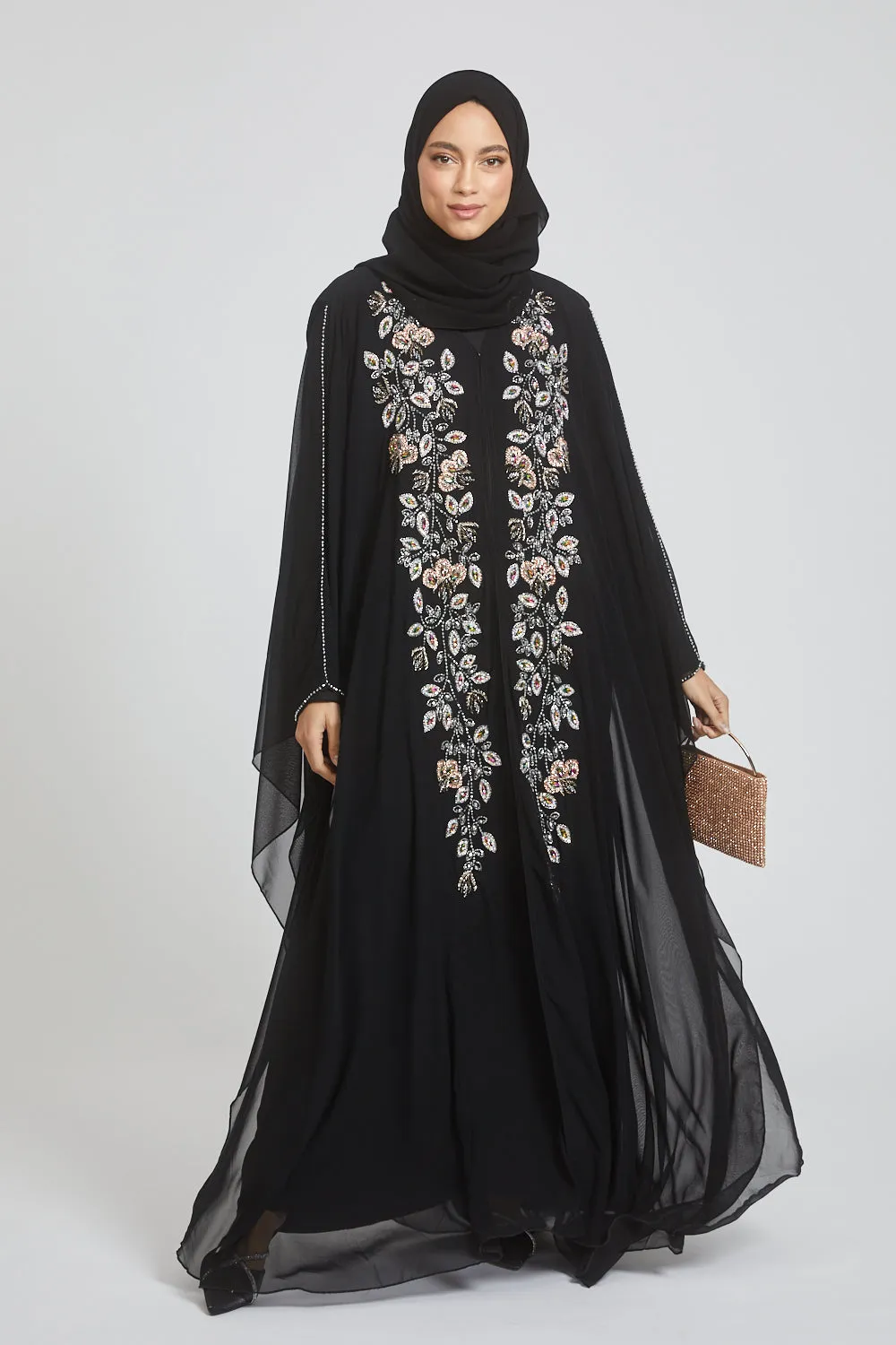 Premium Black Embellished Chiffon Open Farasha with Hood - Biloba