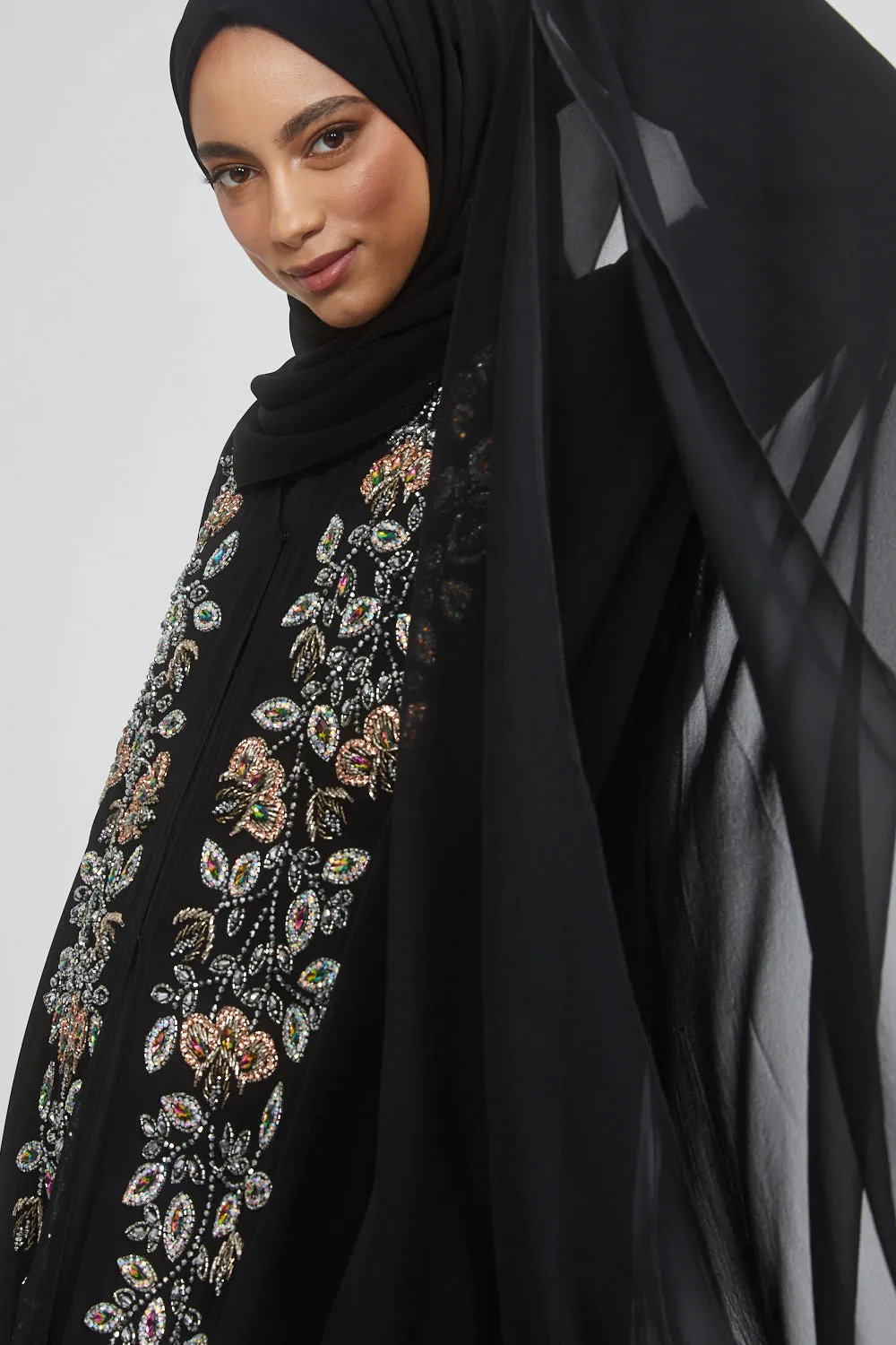 Premium Black Embellished Chiffon Open Farasha with Hood - Biloba