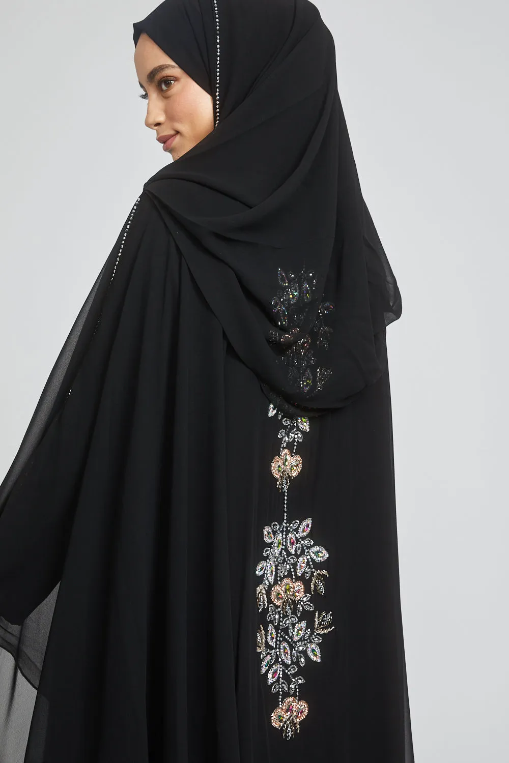 Premium Black Embellished Chiffon Open Farasha with Hood - Biloba