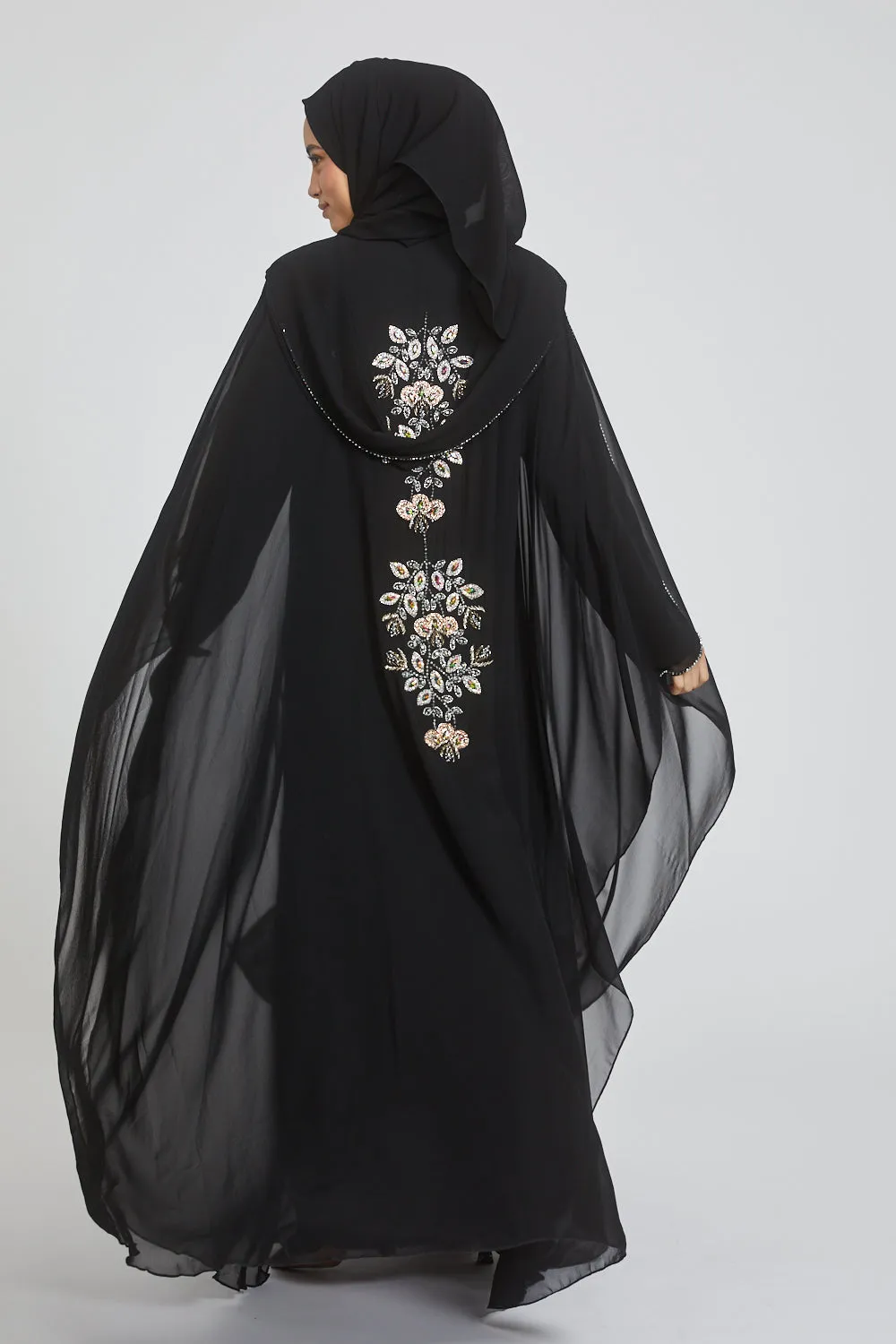 Premium Black Embellished Chiffon Open Farasha with Hood - Biloba